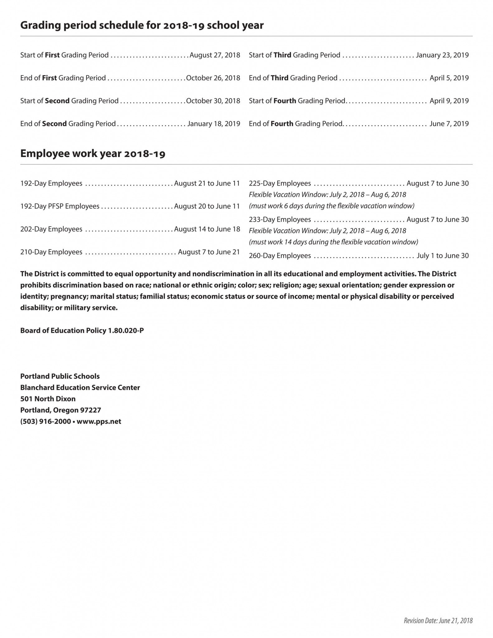 2018 School District Calendar Portland Public Schools