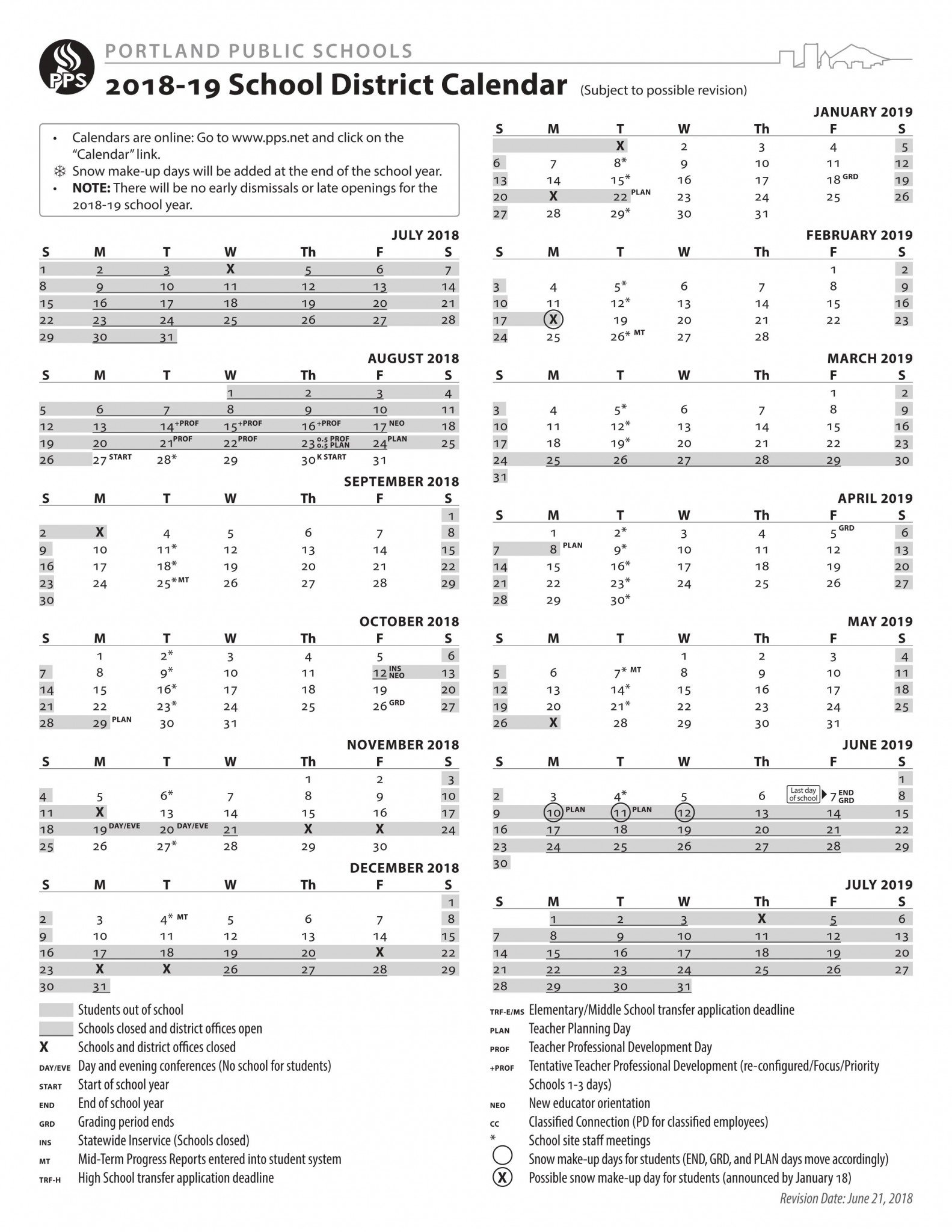 2018 2019 Portland Public Schools Calendar