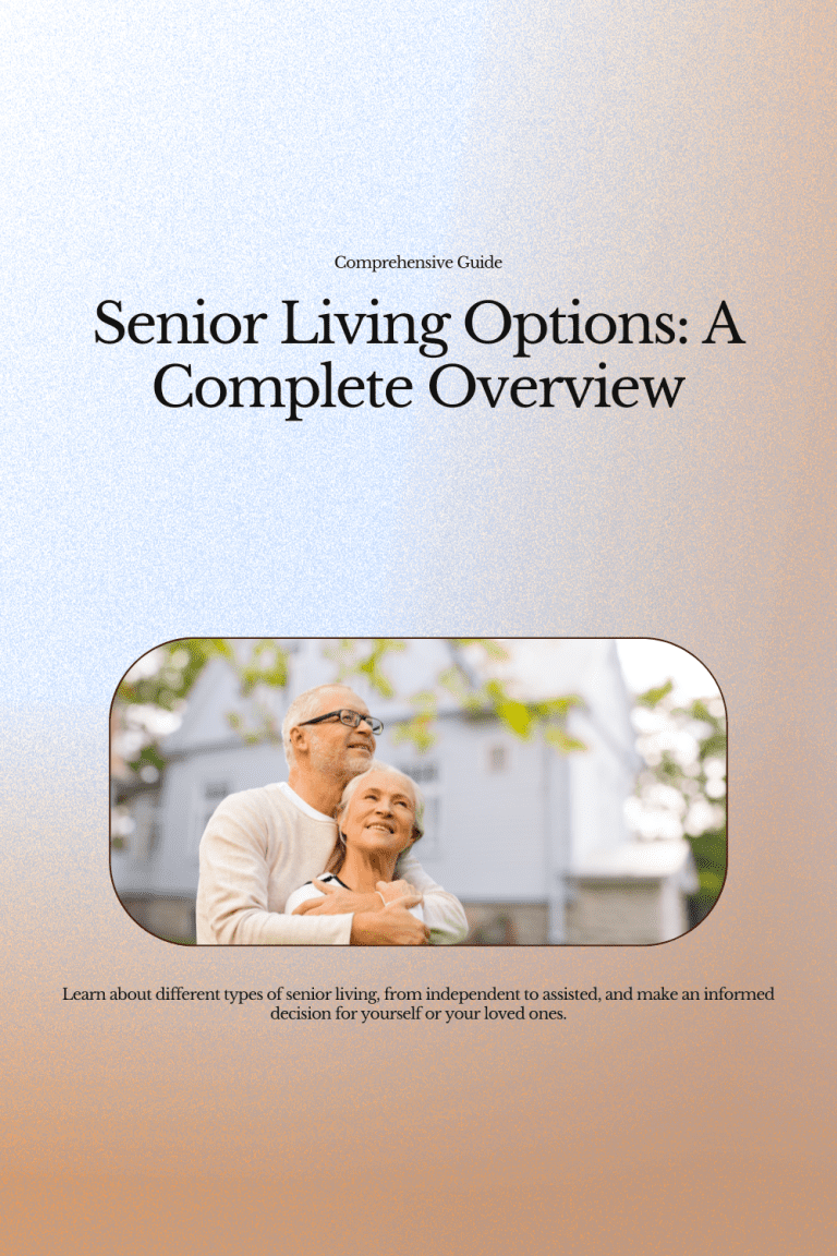 A Comprehensive Guide to Senior Living Options. Cover of a guidebook titled 'Senior Living Options: A Complete Overview' with a background of a textured light blue surface. Below the title, there's an image of a senior couple embracing and smiling in front of a house, suggesting contentment with their living situation. The caption underneath reads 'Learn about different types of senior living, from independent to assisted, and make an informed decision for yourself or your loved ones.'