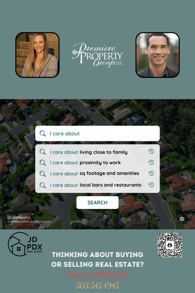Interactive real estate search tool with options for personalized criteria, including living close to family, proximity to work, square footage and amenities, and local bars and restaurants. JD PDX Real Estate
