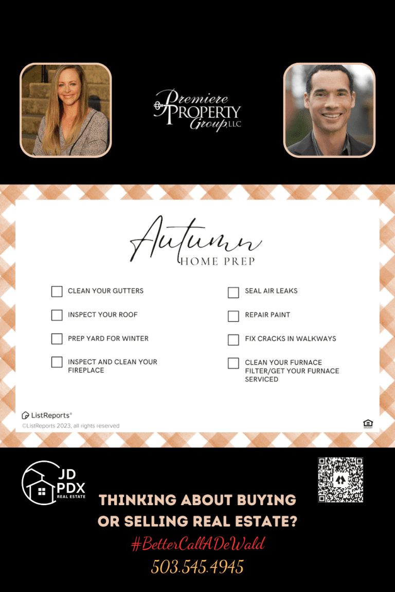 The image is a promotional graphic for home preparation in the autumn season. The top half has a header that says "Autumn Home Prep" in cursive script, followed by a checklist with tasks such as "Clean Your Gutters," "Inspect Your Roof," and others related to home maintenance for fall.