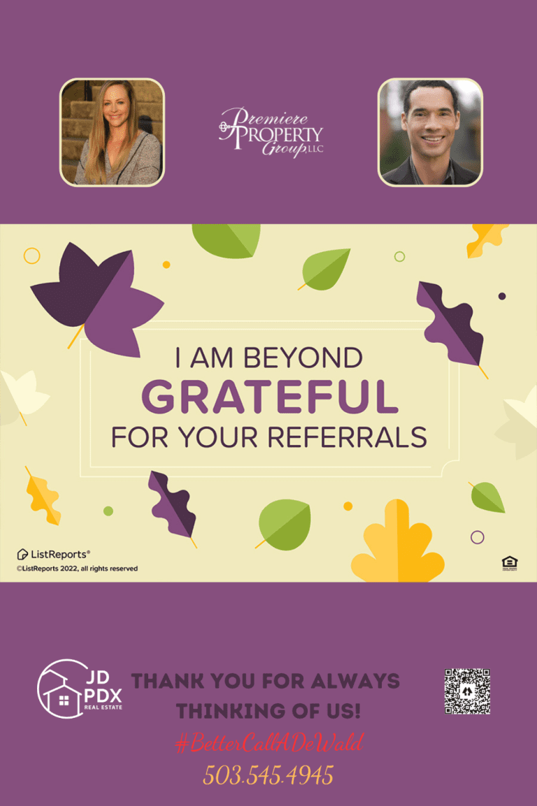 Gratefull for your referrals. The image features a marketing graphic with a Fall theme, including leaves and seasonal colors. The text expresses gratitude for referrals, likely targeting past and potential real estate clients. JD PDX Real Estate Better Call Jamohl 503.545.4945