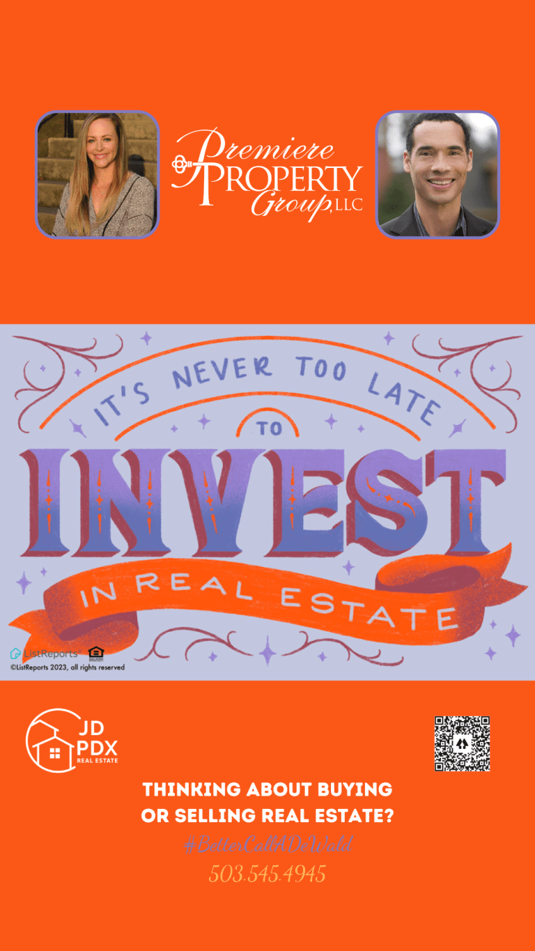 Promotional graphic with the text 'It's never too late to invest in real estate. There's also a QR code on the bottom right, and a call-to-action that reads 'Thinking about buying or selling real estate? #BetterCallDeWald' 503.545.4945 Equity
