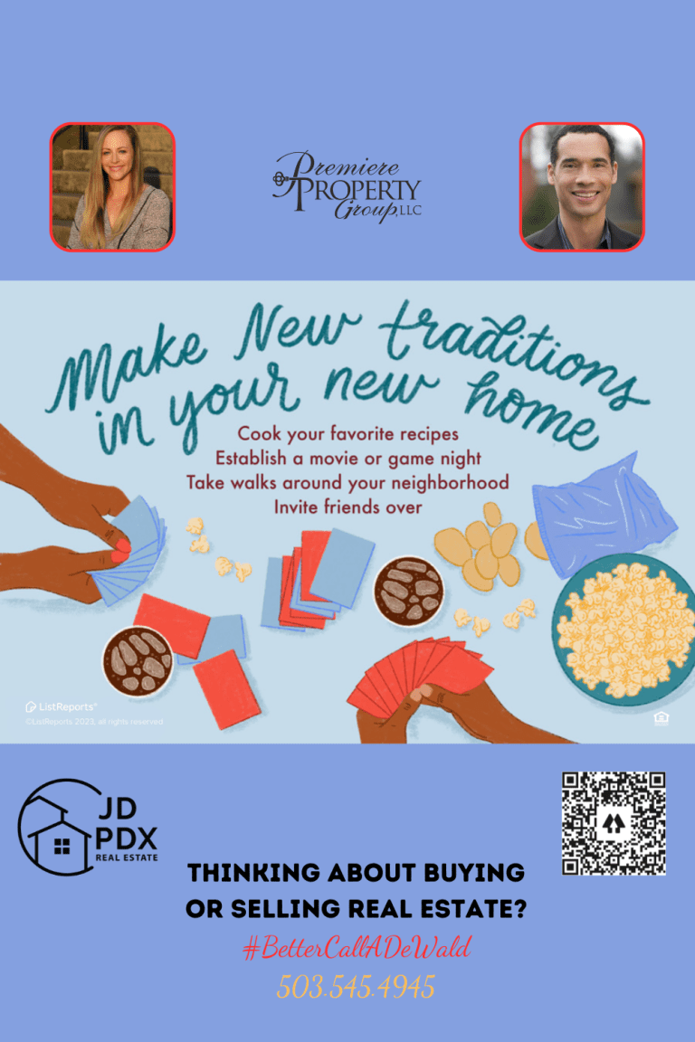 The image is an advertisement or social media post for real estate services, featuring a light blue background with illustrations and text. The illustrations include two hands playing cards, a bowl of popcorn, cookies, playing cards, and a fan of red playing cards. There's a slogan that reads, "Make new traditions in your new home," followed by suggestions like cooking favorite recipes, establishing movie or game nights, taking walks, and inviting friends over. JD PDX Real Estate