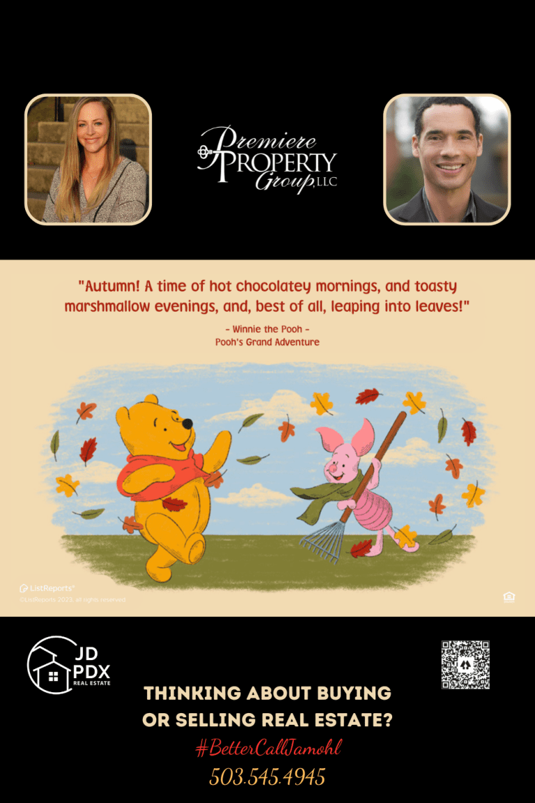 Top Benefits of Buying a Home This Fall. Promotional real estate ad featuring Winnie the Pooh and Piglet with autumn leaves, a quote from Pooh's Grand Adventure, and contact details for a real estate agent.