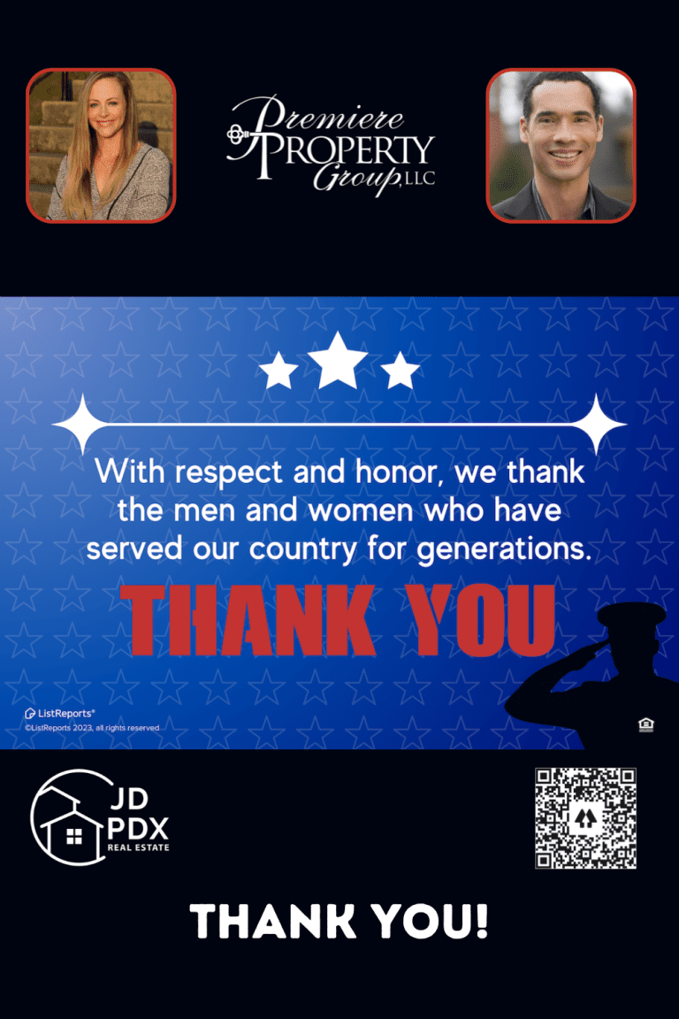 Veterans Day thank you graphic featuring a blue background with white stars and a silhouetted saluting soldier. Large bold text reads 'THANK YOU' with a message above stating 'With respect and honor, we thank the men and women who have served our country for generations.' At the bottom, two real estate agents are featured with their photos, company logos for JD PDX Real Estate and Premiere Property Group, LLC, and a QR code for contact information.