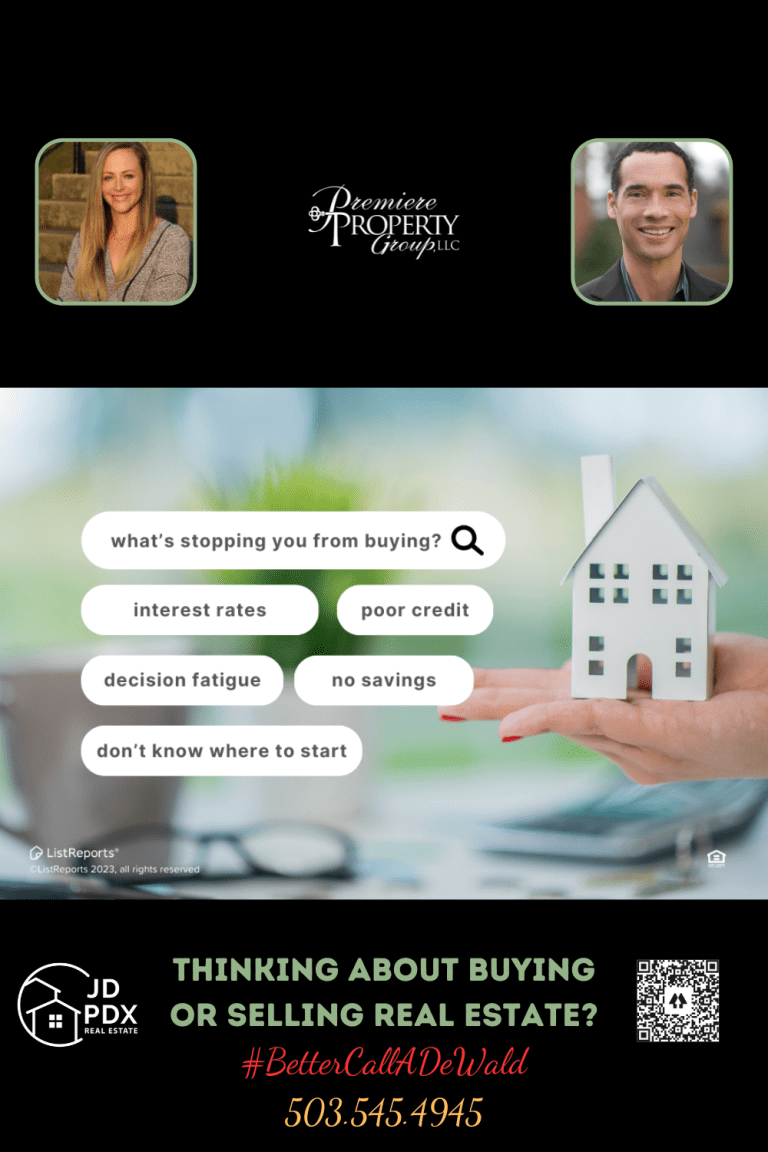 What's Stopping You From Buying a Home? Interactive real estate advertisement asking 'What's stopping you from buying?' with options like interest rates, poor credit, decision fatigue, no savings, and uncertainty on where to start. Includes a visual of a hand holding a miniature house model. Better Call Jamohl 503.545.4945