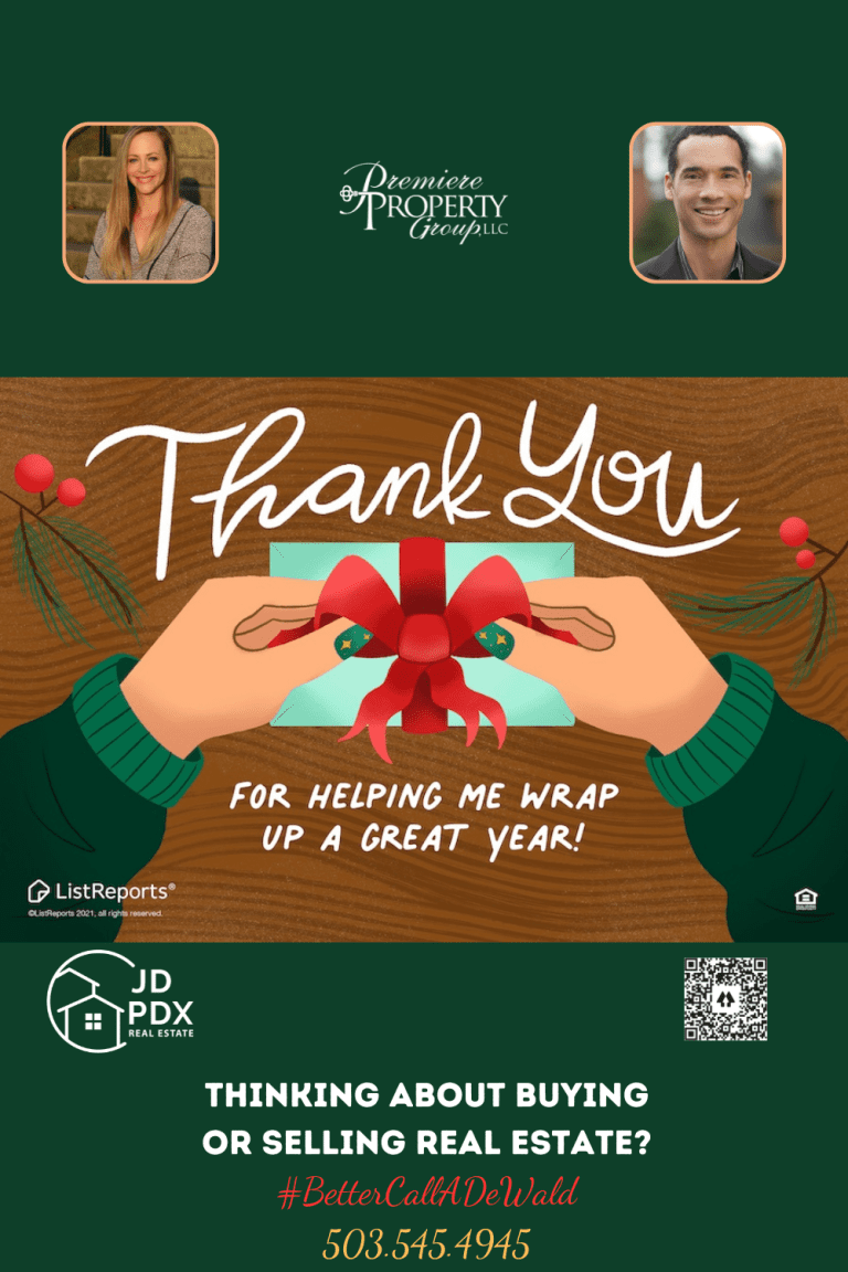 Deepest Gratitude 2023. An appreciation post from a real estate agent with a festive theme showing hands wrapping a gift, with the text 'Thank You for helping me wrap up a great year!' Below, an invitation to contact for buying or selling real estate with the hashtag '#BetterCallADeWald' and a phone number. The agent's photo and company logo are displayed alongside a QR code.