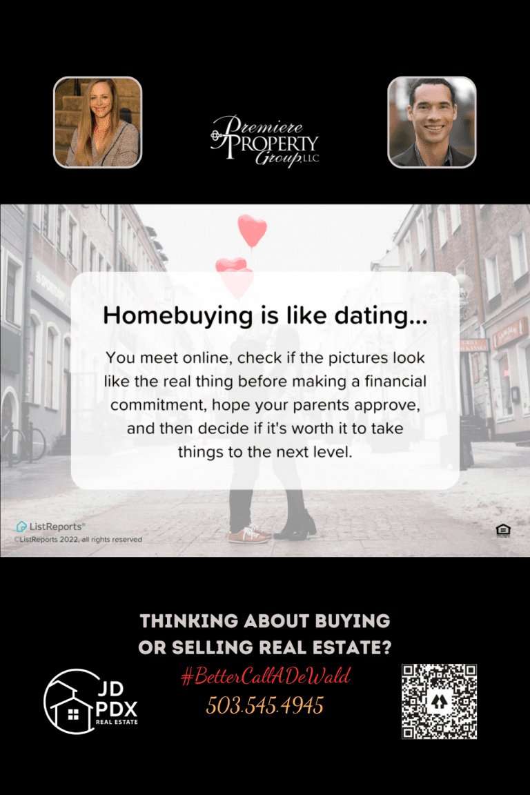 Homebuying is Like Dating. An advertisement with the text 'Homebuying is like dating... You meet online, check if the pictures look like the real thing before making a financial commitment, hope your parents approve, and then decide if it's worth it to take things to the next level.' A faded background of a street scene with a heart-shaped balloon floating above a couple's joined hands.
