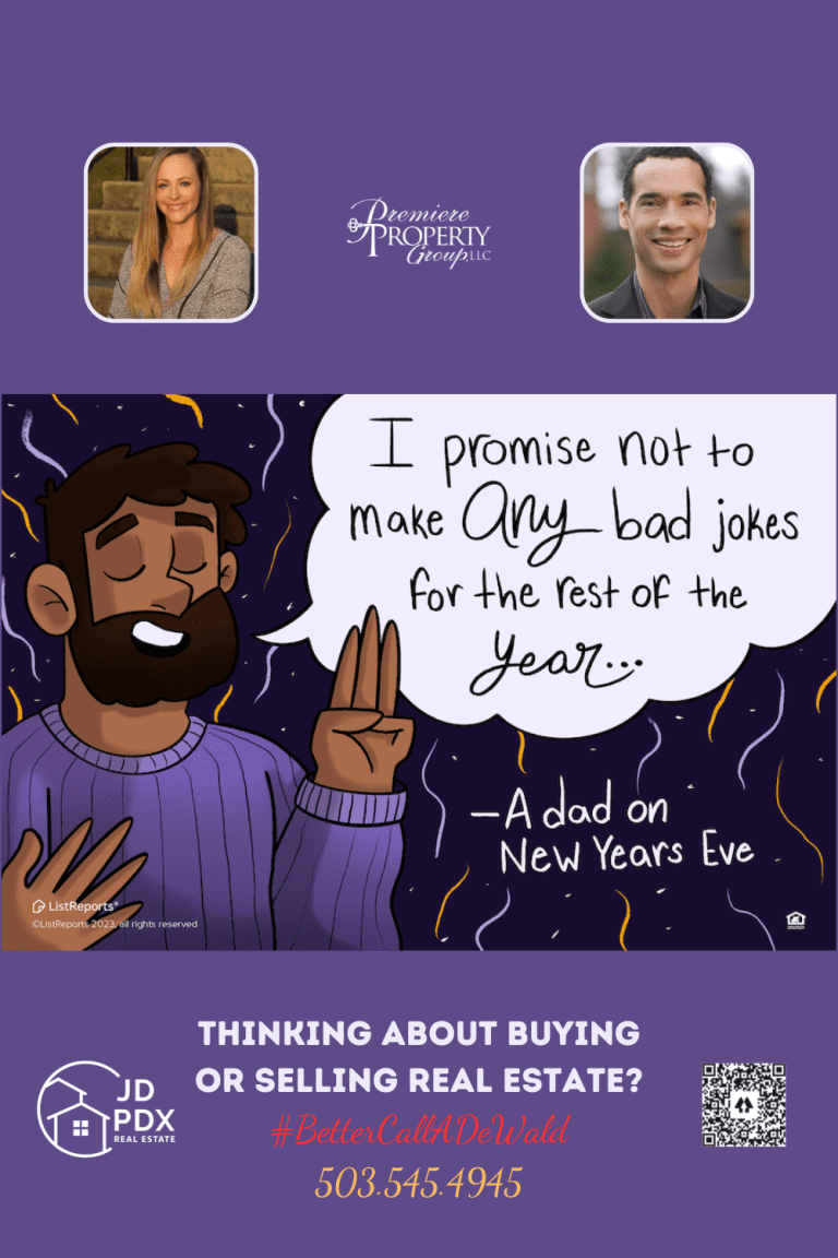 Make 2024 the Year of Your Dream Home. The image is a promotional real estate advertisement with a playful theme. It features an illustration of a man in a purple sweater raising his hand as if making a promise. A speech bubble contains text, "I promise not to make any bad jokes for the rest of the year…" with the punchline "—A dad on New Years Eve" below. The background is a starry night sky with confetti, suggesting a New Year celebration. The lower part of the image contains two professional headshots, one of a woman and one of a man, indicating real estate agents.