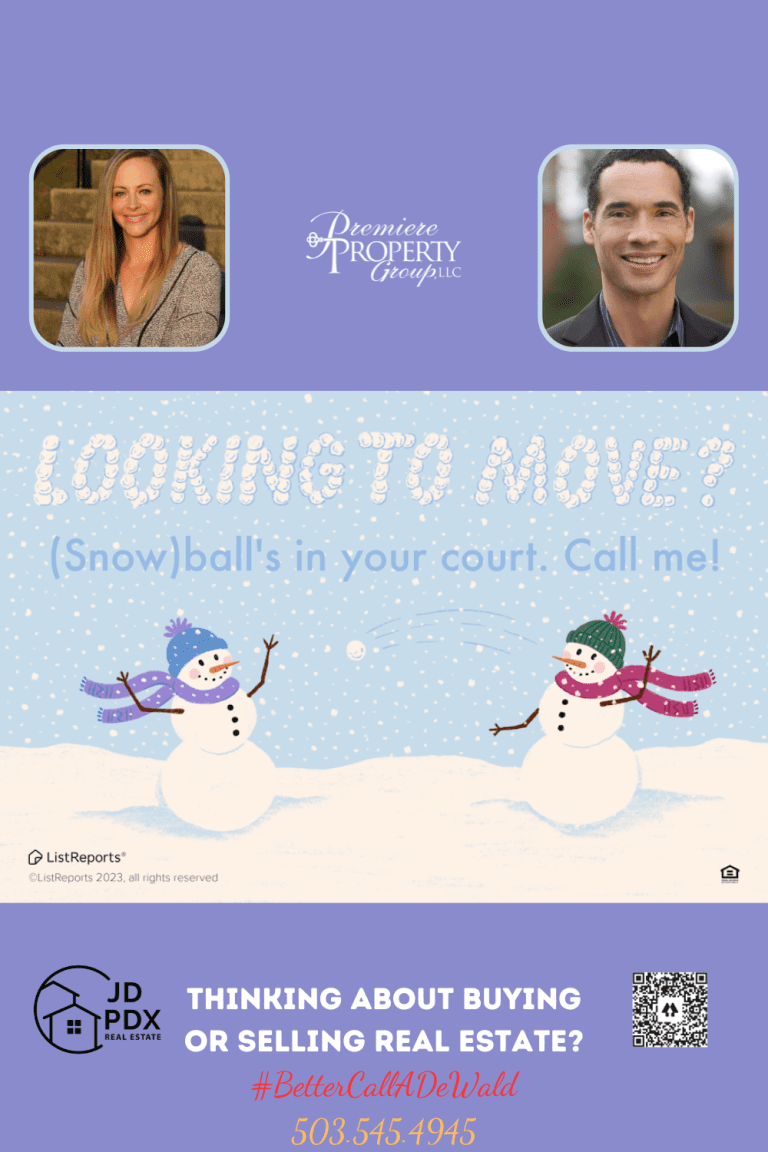 The Keys to Your Next Chapter. "LOOKING TO MOVE?" crafted out of what appears to be snow, with the clever play on words "(Snow)ball's in your court. Call me!" to the right. Below, two animated snowmen are depicted, one playfully throwing a snowball at the other.