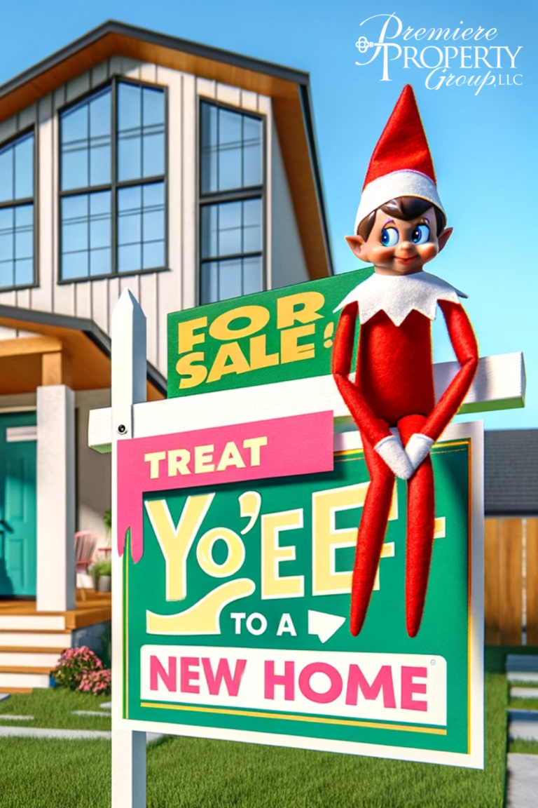 Treat Yo'elf to a New Home in 2024. The image features a modern, cozy house with a welcoming front porch. In the foreground, there's a vibrant 'For Sale' sign with the words "Treat Yo'elf to a New Home in 2024" written in fun, bold letters. The house is situated in a friendly neighborhood, characterized by well-manicured green lawns and a clear blue sky above. The overall atmosphere of the image is bright and cheerful, symbolizing a fresh start and the joy of home ownership. The scene evokes a sense of excitement and optimism for potential homebuyers.