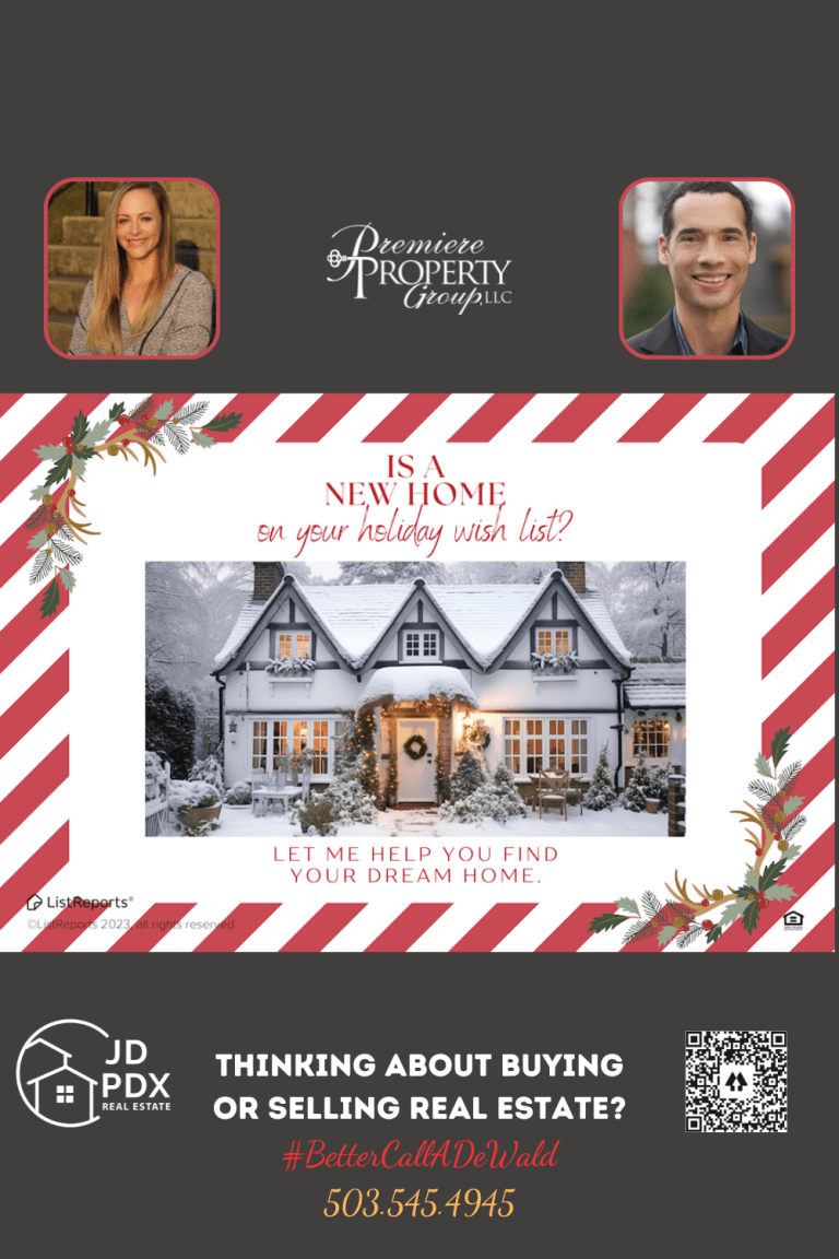 Unwrap The Magic of a New Home. Real estate holiday advertisement featuring a snow-covered house with festive decorations, framed by a red and white candy cane border. Text reads 'Is a new home on your holiday wish list? Let me help you find your dream home.