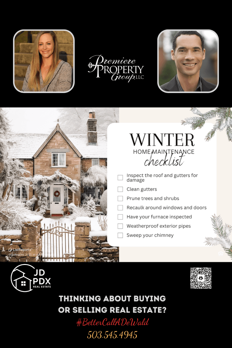 Winter Seasonal Home Maintenance Tips. The image is an advertisement for real estate services, featuring a winter home maintenance checklist. It shows a cozy house covered in snow, with the checklist on a white note to the right. The checklist includes tasks like inspecting the roof, cleaning gutters, and pruning trees.