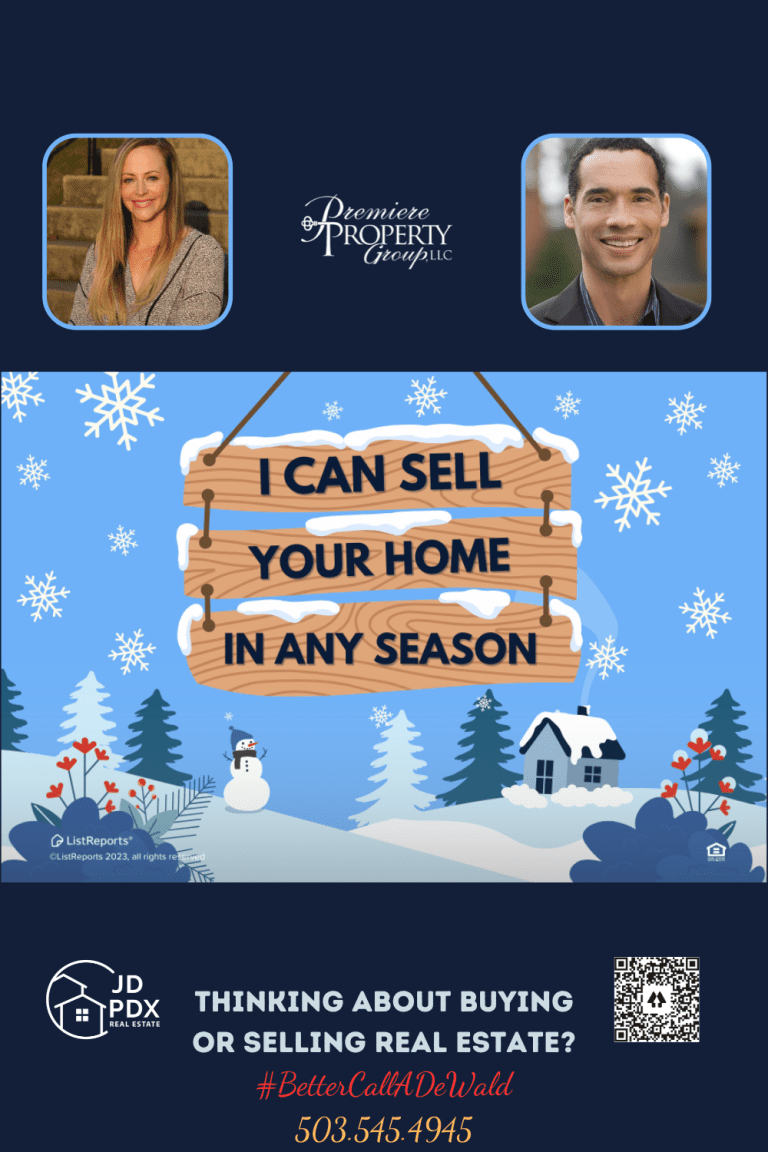 You Can Sell Your Home in Any Season. Promotional real estate graphic with a winter theme, stating 'I CAN SELL YOUR HOME IN ANY SEASON' on a wooden sign amidst snowflakes.