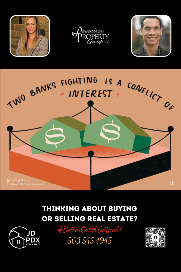 Conflict of Interest. Advertisement for a real estate service featuring a humorous illustration of two money bags in a boxing ring, symbolizing a conflict of interest between banks, with a call to action for potential clients to contact a real estate agent for buying or selling property, complete with contact information and a QR code for easy access.