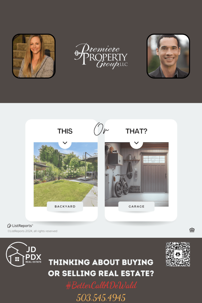 First-Time Homebuyers' Dream Home Checklist. Interactive social media post comparing house features with 'This or That?' choice between a lush backyard and a tidy garage, including contact information for real estate services with a hashtag and phone number.