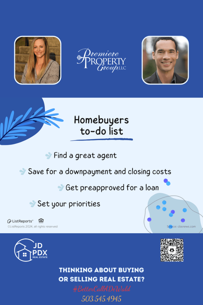 Homebuyers to do List. Infographic titled 'Homebuyers to-do list' with steps including find a great agent, save for a downpayment and closing costs, get preapproved for a loan, and set your priorities. The image has a minimalist design with blue leafy graphics. Below, there are two photos: one of a female real estate agent with the hashtag #BetterCallMcDevWald and contact number, and one of a smiling male real estate agent. Logos for JD PDX Real Estate and Premiere Property Group, LLC, are present, along with a QR code.