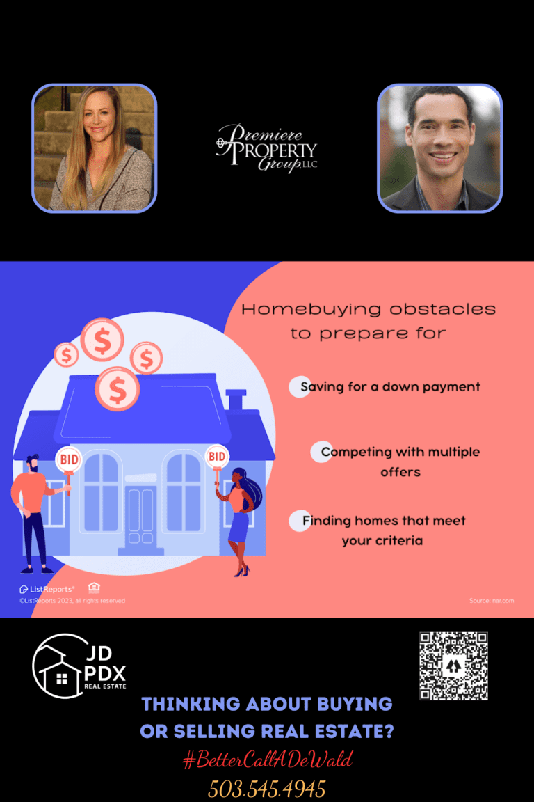Homebuying Obstacles to Prepare For. Graphic illustrating homebuying obstacles with icons: Saving for a down payment with coins above a house, competing with multiple offers as people hold 'BID' signs, and finding homes that meet your criteria.
