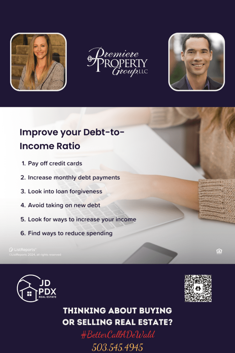 Improve Your Debt to Income Ratio. The image depicts a list of strategies for improving your debt-to-income ratio, overlaid on a photograph of a person working on a laptop. The text is clear and concise, offering actionable financial advice.