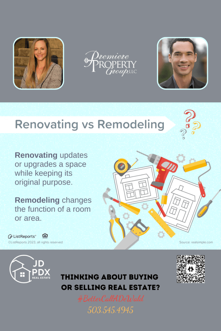 Renovating VS Remodeling 2024. Renovating vs Remodeling" with two sections; the left side defines renovating as updating or upgrading a space while keeping its original purpose, and the right side defines remodeling as changing the function of a room or area. The image is accented with colorful illustrations of construction tools and house plans. Below, there's a prompt for thinking about buying or selling real estate with a hashtag "#BetterCallAlDeWald" and contact number "503.545.4945