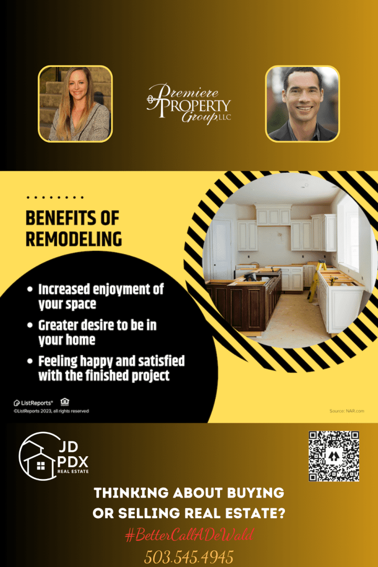 The Perks of Buying a 'Fixer-Upper' Home. A promotional graphic for real estate services, featuring a 'Benefits of Remodeling' section with bullet points: Increased enjoyment of your space, Greater desire to be in your home, and Feeling happy and satisfied with the finished project. A partially renovated kitchen is visible in the background. Below, a call to action reads 'THINKING ABOUT BUYING OR SELLING REAL ESTATE? #BetterCallADeWald' with a phone number provided.
