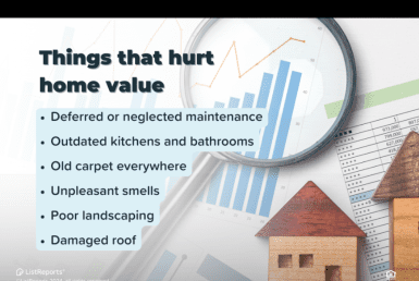 Things That Hurt Home Value. An informative real estate social media post with the headline 'Things that hurt home value'. The list includes deferred or neglected maintenance, outdated kitchens and bathrooms, old carpet everywhere, unpleasant smells, poor landscaping, and damaged roof. The image features a backdrop of a magnifying glass over a graph and house models, symbolizing the examination of property value factors. Below the list is a call-to-action, 'Thinking about buying or selling real estate? #BetterCallADeWald 503.545.4945