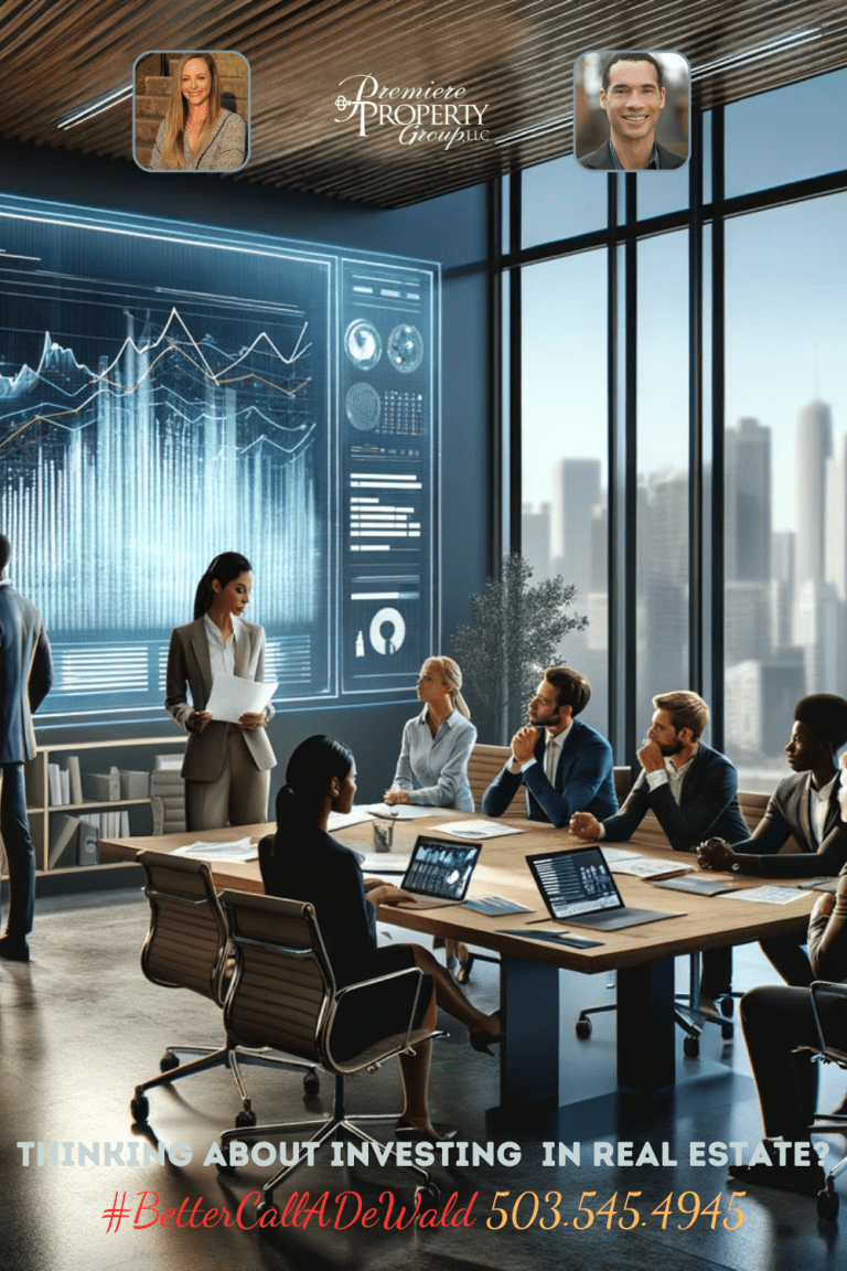 Unlocking Real Estate Investment Opportunities with Minimal Down Payments. Modern office with a group of diverse professionals, including a Caucasian woman and a Black man, discussing over documents and laptops on a table. In the background, a large interactive display shows a growth graph for real estate investments, with a city skyline view through the window, emphasizing the theme of accessible real estate investment opportunities