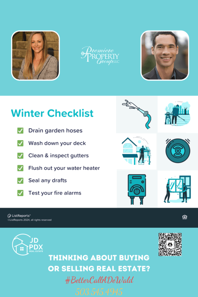 Winter 2024 Home Maintenance Checklist. Graphic featuring a 'Winter Checklist' for home maintenance including tasks such as drain garden hoses, wash down your deck, clean & inspect gutters, flush out your water heater, seal any drafts, and test your fire alarms. Icons illustrate each task. Below the checklist, a call to action reads 'THINKING ABOUT BUYING OR SELLING REAL ESTATE? #BetterCallADeWald 503.545.4945