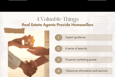 4 Valuable Things Real Estate Agents Provide Home Sellers. Informative real estate advertisement featuring '4 Valuable Things Real Estate Agents Provide Homesellers': 1) Expert guidance, 2) A sense of security, 3) Property marketing power, 4) Objective information and opinions. Image shows a silhouette of a house within hands and a handshake, symbolizing trust and partnership. The ad includes the hashtag #BetterCallADeWald, a phone number, and images of a male and a female real estate agent, with the company logo of JD PDX Real Estate and Premiere Property Group LLC. Source attributed to NAR.com