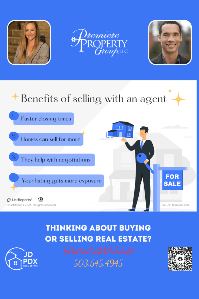 Benefits of Selling With an Agent. Infographic highlighting the Benefits of Selling with an Agent, featuring four key points: 1. Faster closing times, 2. Homes can sell for more, 3. They help with negotiations, 4. Your listing gets more exposure. The graphic includes illustrations of an agent holding a model home beside a 'For Sale' sign, star accents, and the logos of ListReports and JD PDX Real Estate. A call to action reads, 'THINKING ABOUT BUYING OR SELLING REAL ESTATE? #BetterCallADeWald 503.545.4945