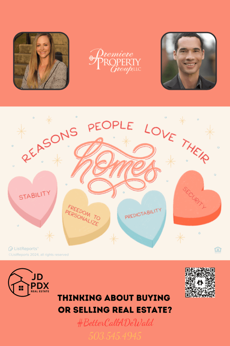 Start Your Journey Toward Homeownership. An infographic with the text "Reasons People Love Their Homes" surrounded by heart illustrations with words "Stability," "Freedom to Personalize," and "Security" inside them. Below, it reads "Thinking about buying or selling real estate? #BetterCallADeWald" with contact information and a real estate agent’s photo and QR code.