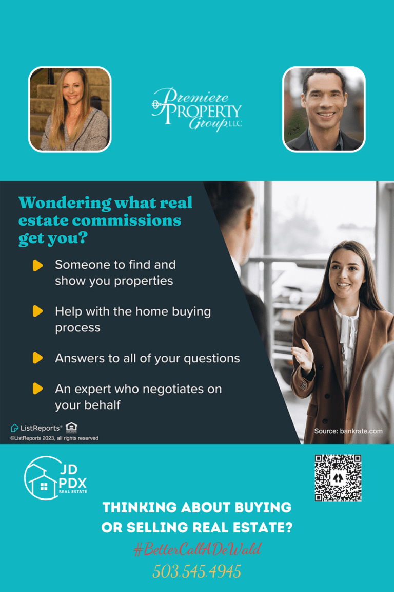 What Real Estate Commissions Get You. Real estate agent explaining benefits of commissions with bullet points including property finding, process assistance, expert negotiation, and Q&A support, alongside contact information and branding for a real estate agency.