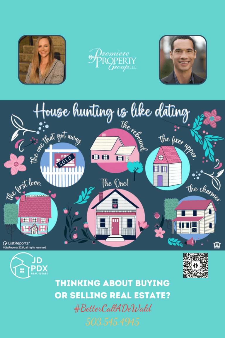 What is your home type? An informative and vibrant graphic presenting the concept 'House hunting is like dating'. It features a dark teal background with playful illustrations of different types of homes labeled with dating analogies such as 'The one that got away', 'The rebound', 'The fixer-upper', 'The first love', 'The one', and 'The charmer', each set against colorful circles. Below the illustrations, a promotional message reads 'THINKING ABOUT BUYING OR SELLING REAL ESTATE? #BetterCallAlDeWald 503.545.4945' with logos for JD PDX Real Estate and Premiere Property Group, LLC, flanking photos of a female and a male real estate agent.