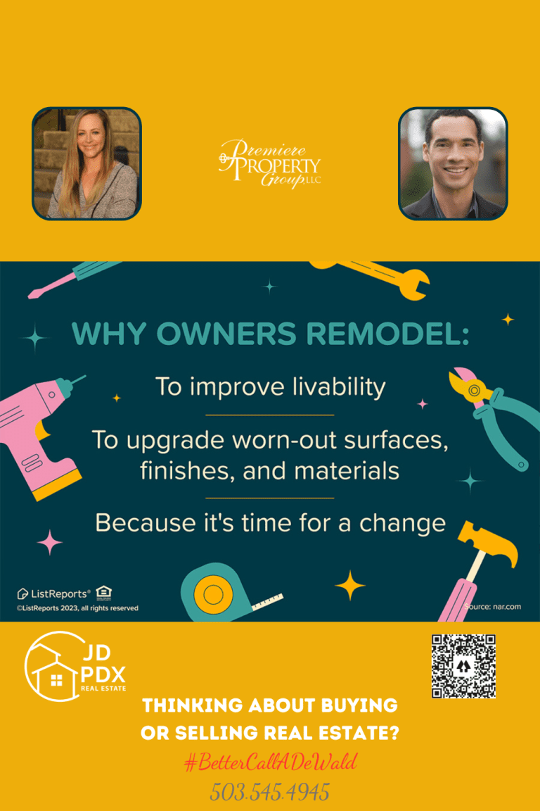 Why Homeowners Remodel. An informational graphic with a dark teal background featuring illustrations of tools and stars. At the top, in bold white letters, it reads "WHY OWNERS REMODEL:" followed by three reasons in yellow: "To improve livability," "To upgrade worn-out surfaces, finishes, and materials," and "Because it's time for a change." Below, a slogan says "THINKING ABOUT BUYING OR SELLING REAL ESTATE?" in white, with the hashtag "#BetterCallADeWald" in yellow.