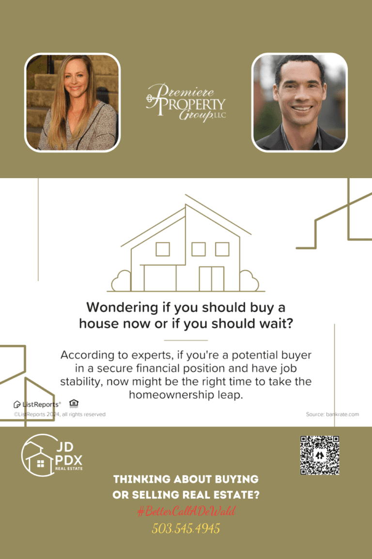 Buy a house now or wait? An informational real estate graphic posing the question, 'Wondering if you should buy a house now or if you should wait?' Above the text, a simple line drawing of a house is featured. Below, a recommendation suggests that if you are in a stable financial position, now might be the right time to buy. The logo for ListReports and a citation for barkrate.com are included. At the bottom, there's an advertisement for real estate services with the hashtag '#BetterCallADewald', a phone number, and photos of a female and a male realtor, alongside the logos for JD PDX Real Estate and Premiere Property Group, LLC.