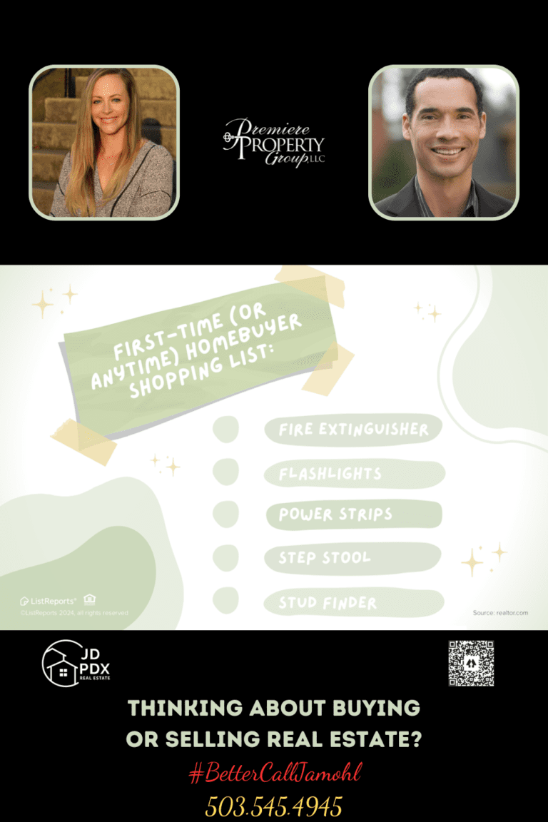 Every Homeowner Needs These. An informative graphic for homebuyers, featuring a shopping list with items such as a fire extinguisher, flashlights, power strips, step stool, and stud finder. Below, there is a call-to-action for those thinking about buying or selling real estate, with contact information and a hashtag, alongside the portrait of a smiling real estate agents.