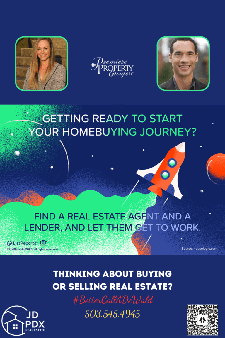 Get Ready to Start Your Homebuying Journey. Colorful promotional real estate graphic with a space theme featuring a rocket launching into a starry sky, symbolizing the start of a homebuying journey. The text reads 'GETTING READY TO START YOUR HOMEBUYING JOURNEY? FIND A REAL ESTATE AGENT AND A LENDER, AND LET THEM GET TO WORK.' At the bottom, additional text invites the viewer to think about buying or selling real estate and to contact the agent, with hashtags and a phone number provided. Portraits of a female and a male real estate agent are displayed, alongside their contact information and company logos. A QR code is also included in the bottom right corner.