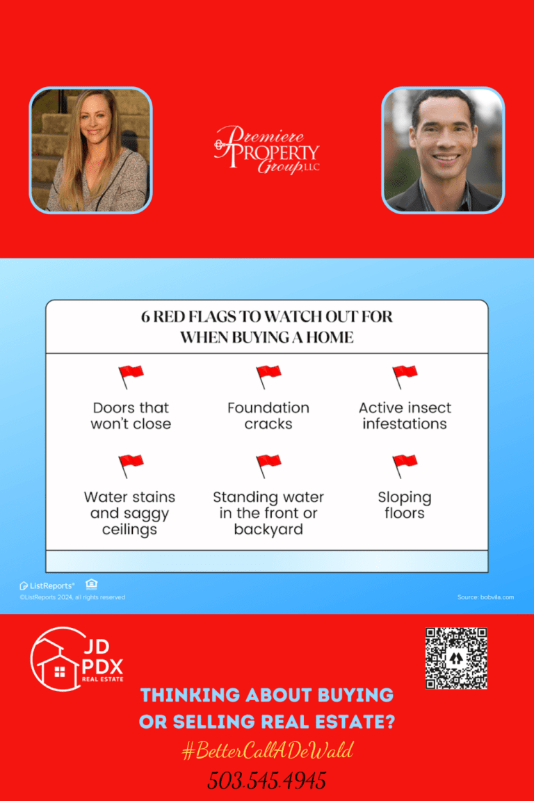 Real Estate Red Flags. Infographic displaying six critical issues to be cautious of when purchasing a property, such as misaligned doors, structural cracks, ceiling damage, yard flooding, uneven flooring, and pest problems. Contact details for JD PDX Real Estate agents are provided for those seeking to buy or sell homes.