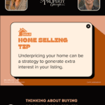 Setting the Right Asking Price is Crucial. A real estate marketing graphic with an orange and white color scheme. The top half displays a 'SOLD' sign and a 'Home Selling Tip' stating that underpricing your home can be a strategy to generate extra interest in your listing, with a source credit to Investopedia. The bottom half is an advertisement with the text 'THINKING ABOUT BUYING OR SELLING REAL ESTATE?' and the hashtag '#BetterCallAlDeWald.' It features the photos and contact details of two real estate agents, a woman and a man, with the logos for JD PDX Real Estate and Premiere Property Group, LLC, alongside a QR code.