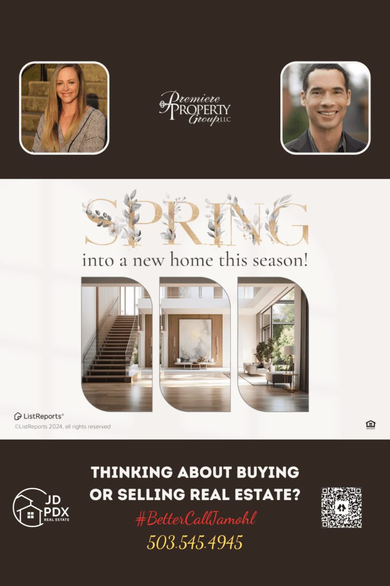 Time to Spring Into a New Home. Promotional real estate square graphic with a stylized 'SPRING' at the top, each letter incorporating an image of a sleek, modern home interior. Below, a message reads 'into a new home this season!' with branding for ListReports. At the bottom, there's a call to action: 'THINKING ABOUT BUYING OR SELLING REAL ESTATE?' followed by the hashtag '#BetterCallJamohl' and a phone number '503.545.4945.' To the left, there's an image of a female real estate agent and to the right, a male agent, both with contact information and logos for JD PDX Real Estate and Premiere Property Group, LLC. A QR code is also included for easy scanning.