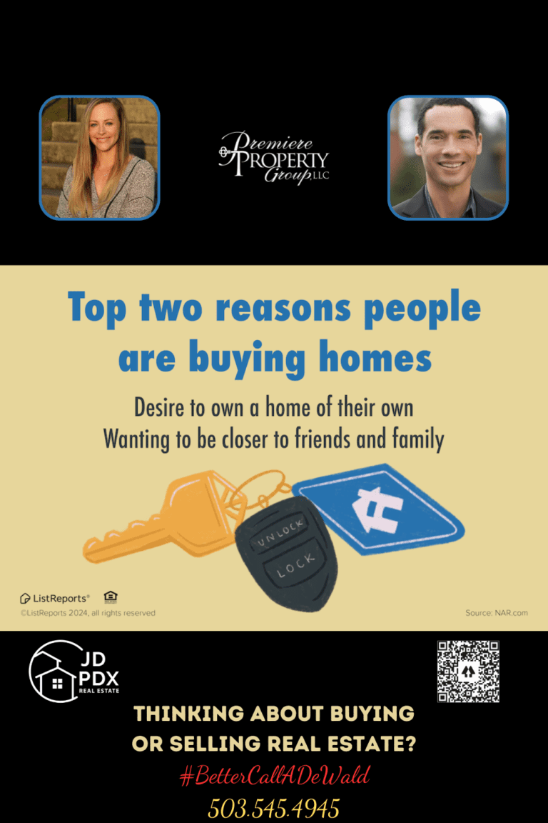 Unlock the Door to Your Dream Home. Promotional real estate graphic highlighting the 'Top two reasons people are buying homes' which are the desire to own a home and wanting to be closer to friends and family. The image features illustrations of a golden key, a car remote with an unlock button, and a house symbol. Below, there's an invitation to think about buying or selling real estate, with the hashtag #BetterCallAlDeWald and a phone number. Logos of JD PDX Real Estate and Premiere Property Group LLC are present, along with the photos and contact information of two real estate agents.