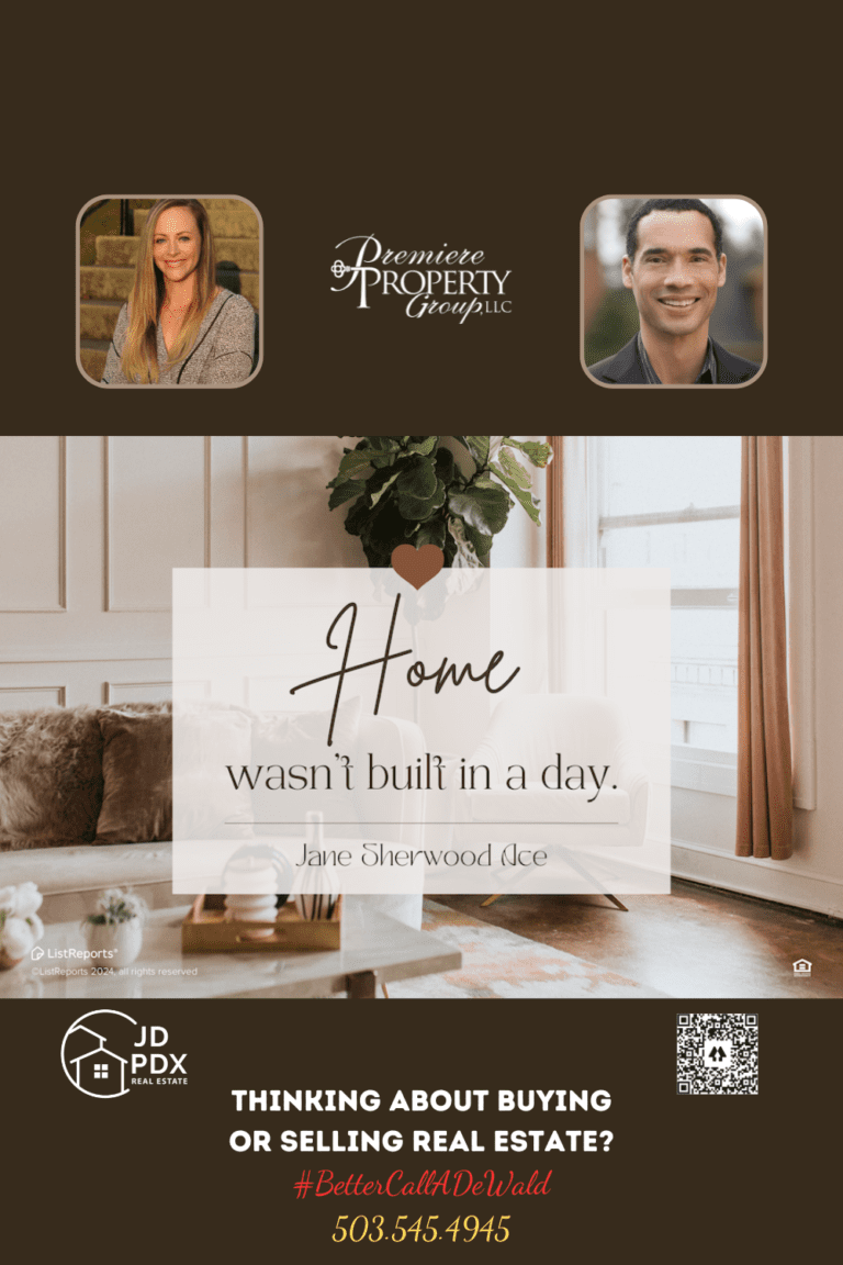 Build The Foundation For Your Future. An advertisement for real estate services, featuring an elegant living room with text overlay reading "Home wasn't built in a day." The ad includes contact information for a real estate agent, a hashtag for easier searching, a phone number, and company branding. There are also images of the real estate agents, one of whom is represented with a QR code for quick access to more information.