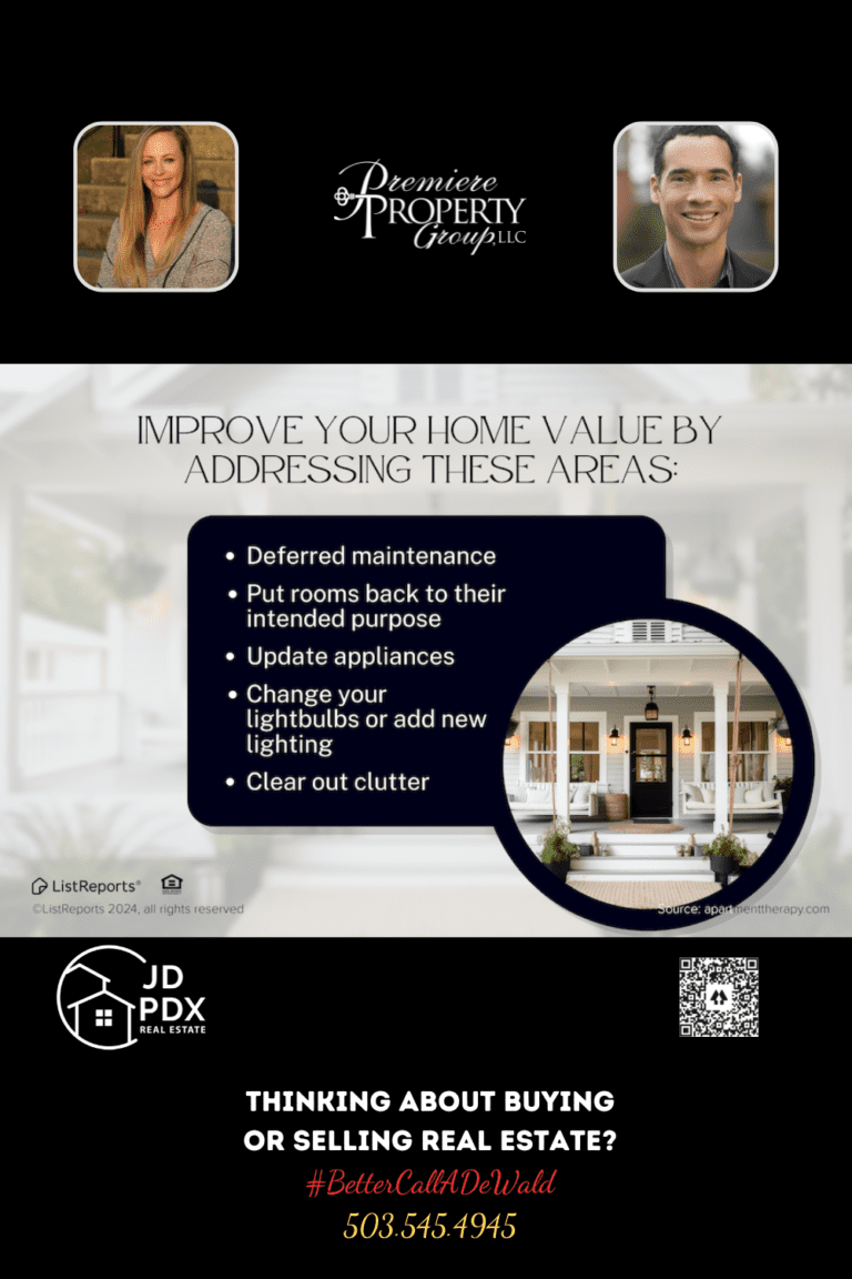 Improve Your Homes Value. An advertisement for home value improvement, featuring a list of tips such as addressing deferred maintenance and updating appliances. A magnifying glass highlights a welcoming porch area. Below, there are calls to action for buying or selling real estate, hashtags, and contact information for a real estate agent, along with the logos for JD PDX Real Estate and Premiere Property Group, LLC.