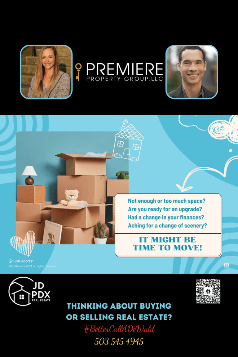 Is it Time to Move? Get Expert Real Estate Advice. An eye-catching real estate promotional graphic featuring a stack of moving boxes with a teddy bear on top, set against a vibrant turquoise background. Doodles of a house, clouds, and hearts add a playful touch. Text boxes ask reflective questions like "Not enough or too much space?" and "Aching for a change of scenery?", suggesting it might be time to move. The bottom section promotes real estate services with the tagline "Thinking about buying or selling real estate?" and includes portraits of two agents, each with their contact information and a hashtag "#BetterCallADeWald