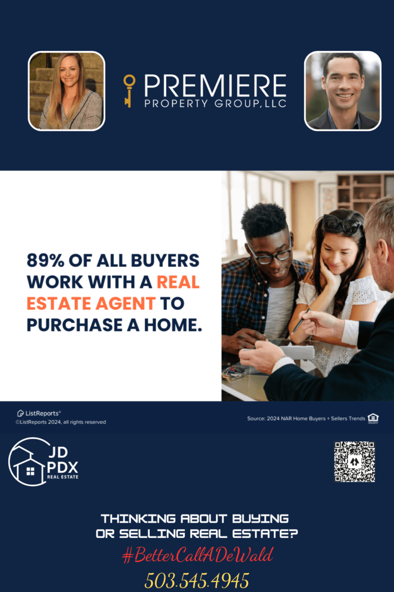Real Estate Agents Give You an Advantage. An infographic showing that 89% of all buyers work with a real estate agent to purchase a home. The right side features a diverse couple attentively listening to a real estate agent explaining details on a tablet. The bottom section displays contact information for JD PDX Real Estate and Premiere Property Group, LLC, including phone numbers, agent photos, and a QR code. The image emphasizes the benefits of using a real estate agent in the home-buying process.