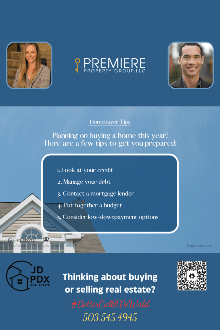 Tips Planning to Buy a Home. Homebuyer Tips" graphic with a blue background and an image of a house roof and window. The tips include: 1. Look at your credit, 2. Manage your debt, 3. Contact a mortgage lender, 4. Put together a budget, 5. Consider low-downpayment options. Below, contact information for JD PDX Real Estate and Premiere Property Group, LLC is provided, including photos of two real estate agents, with the hashtag #BetterCallADeWald and a phone number, 503.545.4945