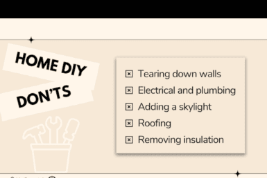 DIY Electrical or Plumbing Projects. An infographic titled 'Home DIY Don'ts' listing projects to avoid, including tearing down walls, electrical and plumbing work, adding a skylight, roofing, and removing insulation. The bottom section includes contact information for real estate services with images of two realtors, the logo for Premiere Property Group, LLC, a QR code, and a phone number: 503.545.4945