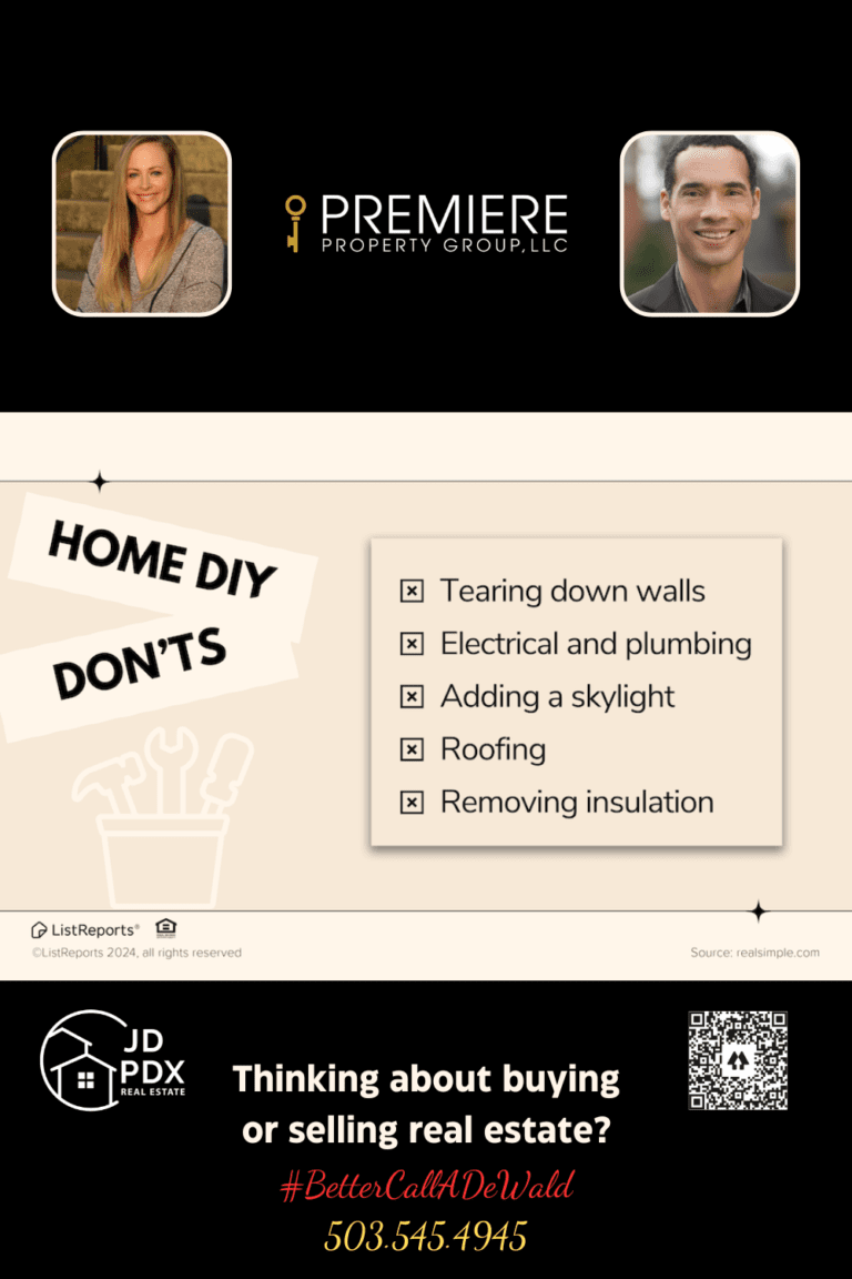 DIY Electrical or Plumbing Projects. An infographic titled 'Home DIY Don'ts' listing projects to avoid, including tearing down walls, electrical and plumbing work, adding a skylight, roofing, and removing insulation. The bottom section includes contact information for real estate services with images of two realtors, the logo for Premiere Property Group, LLC, a QR code, and a phone number: 503.545.4945