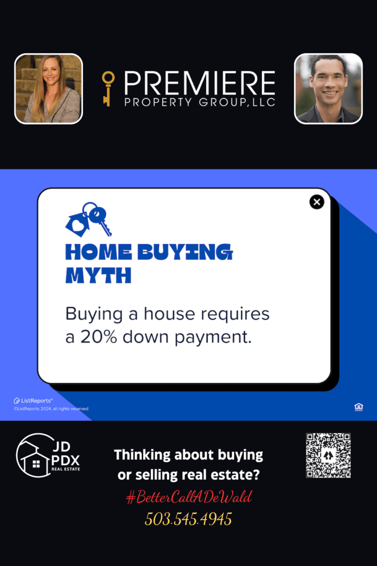Demystifying the Homebuying Process. Image titled 'Home Buying Myth' with a blue background. The text reads 'Buying a house requires a 20% down payment.' Below this, there are two real estate agent photos with their contact information. The bottom section has text reading 'Thinking about buying or selling real estate?' followed by the hashtag #BetterCallADewald and the phone number 503.545.4945. The logos for JD PDX Real Estate and Premiere Property Group, LLC are also included